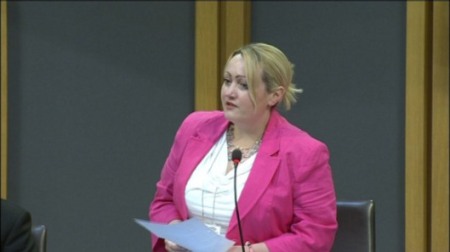 The day job: Rebecca Evans AM in the more familiar environment of the Assembly debating chamber [Image: ITV].