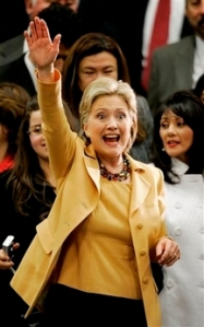 Democratic presidential hopeful, Sen. Hillary Rodham Clinton, D-NY, waves to supporters after speaking at a campaign stop in McAllen, Texas, Wednesday, Feb. 13, 2008. (AP Photo/Eric Gay)